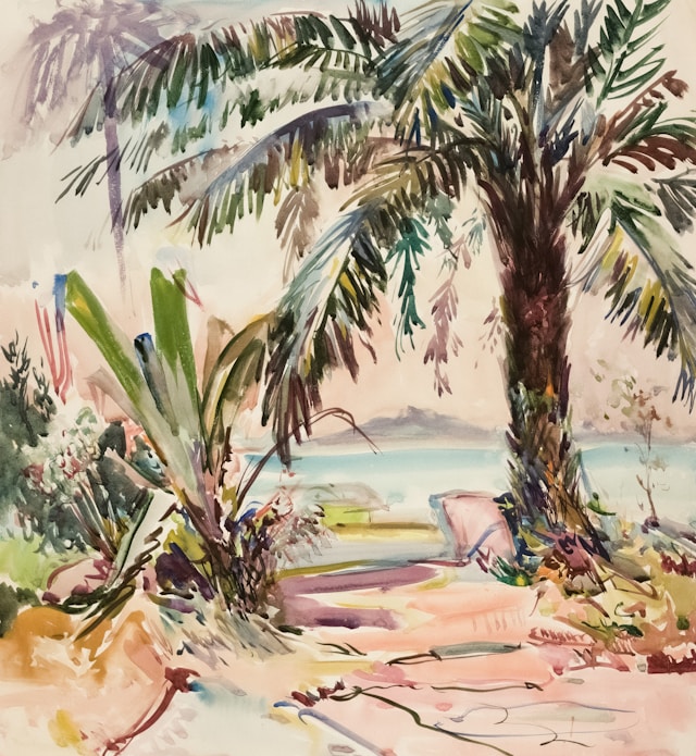 Paysage tropical en Guadeloupe – aquarelle sur papier